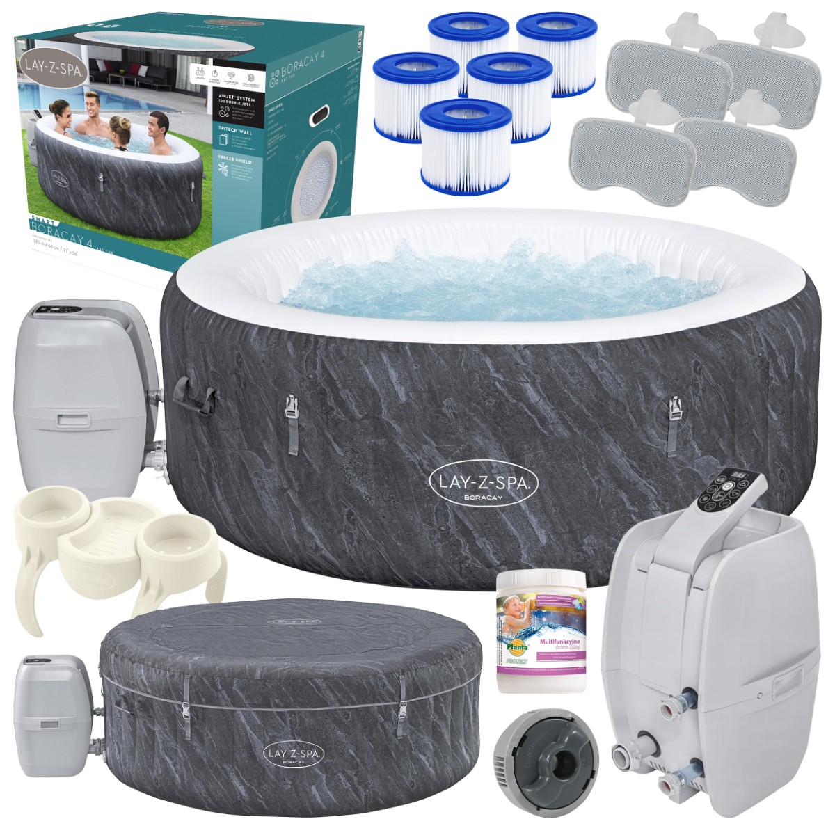 Zestaw jauzzi Lay-Z-Spa Boracay: dmuchana okrągła wanna ogrodowa z wodą, pompa filtrująco-grzewcza z panelem sterowania, pokrywa termiczna, wkłady filtracyjne, zagłówki, uchwyty na napoje, chemia do pielęgnacji wody oraz opakowanie producenta.